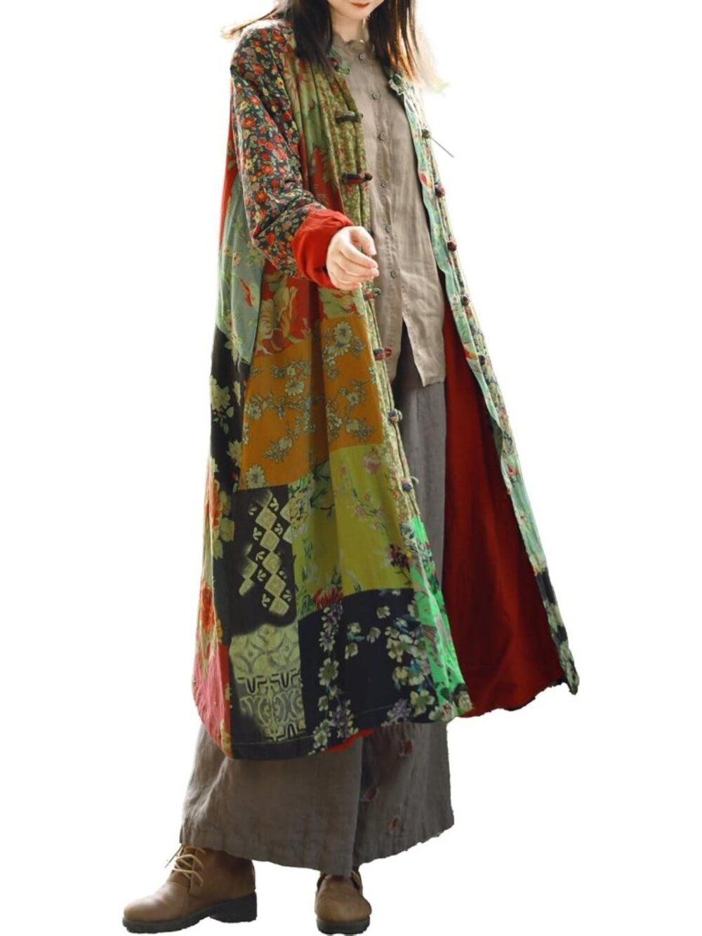 Bohemian Floral Patchwork Trench Coat | Long Cotton Linen Duster Jacket